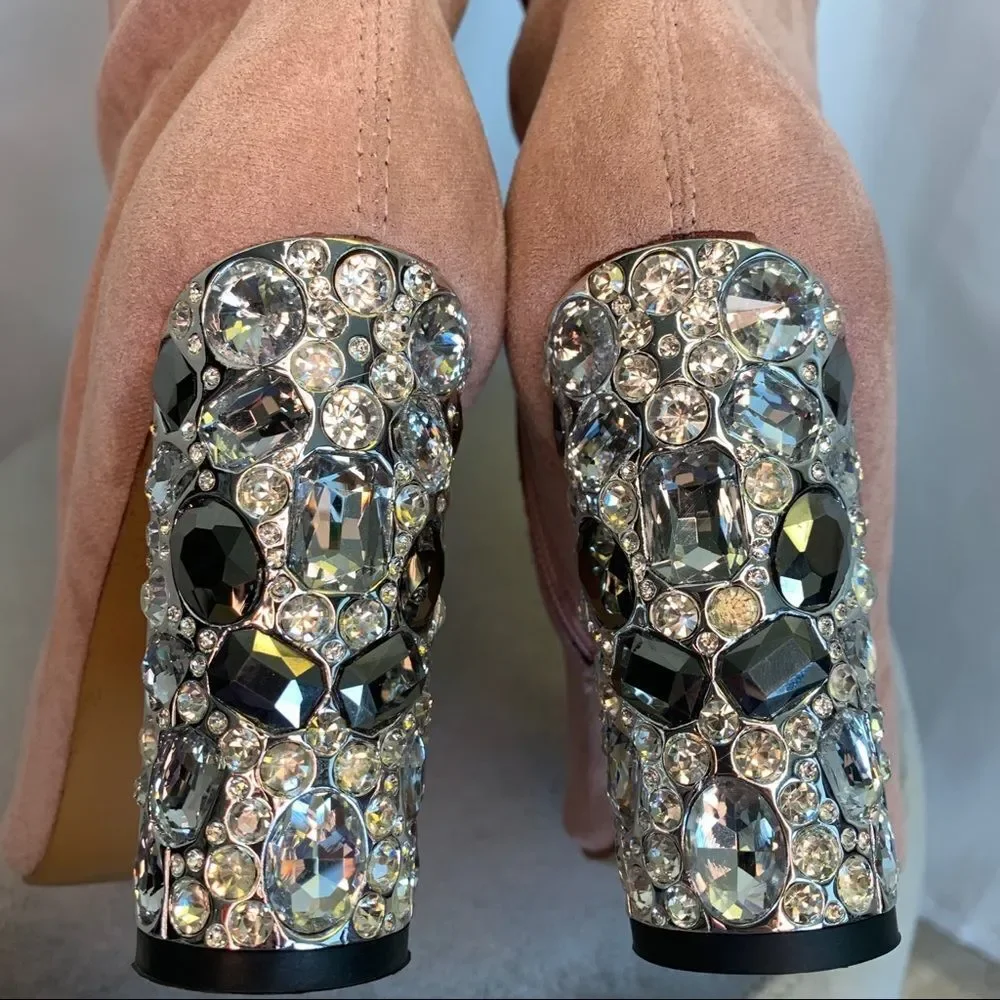 Faux Suede Over Knee Boots Rhinestone Block High Heel Stretch Thigh Boot pink 🔥 - Picture 8 of 12